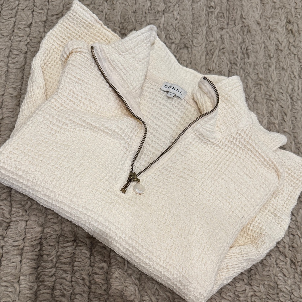 DONNI. Cream Textured Zip-Up waffle size small